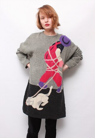 VINTAGE 80' BEAUTIFUL CUTE GREY LONG JUMPER