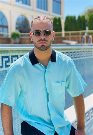 VINTAGE 80S LIGHT BLUE EMBROIDERED SHIRT WITH BLACK COLLAR