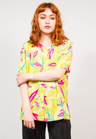90'S BRIGHT GREEN FLORAL PRINT COLLARLESS BLOUSE SHIRT