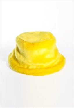 Festival faux fur bucket hat fluffy neon hat rave cap yellow