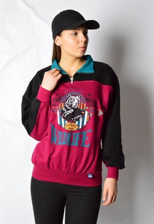 VINTAGE 90S COLOUR BLOCK WILDLIFE 1/4 ZIPPER SWEATSHIRT