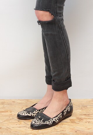 VINTAGE 80' AMAZING CLASSIC CHEETAH BEIGE LEATHER FLAT SHOES