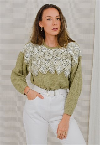CELEBI SWEATER EMBROIDERED PULLOVER BEIGE LACE VINTAGE XL