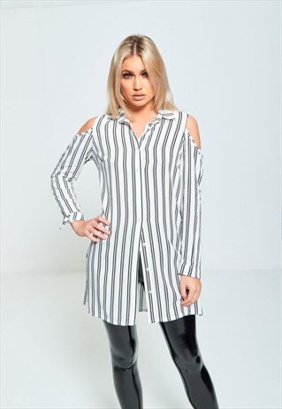 WHITE STRIPED COLD SHOULDER SPLIT SIDE SHIRT