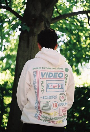 WHITE COTTON HOODIE WITH PRINTED 80'S VHS DESIGN