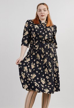 Vintage 90s Gramma Button Up Floral Puffy Sleeve Midi Dress