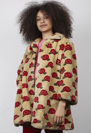 VINTAGE 90'S OVERSIZED ROSE PRINT FAUX FUR COAT
