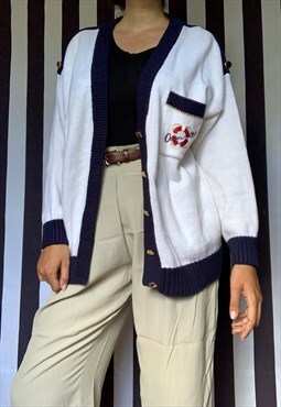 Vintage 80s white navy nautical acrylic cardigan, UK14/16
