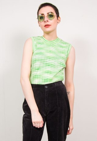 70'S NEON GREEN STRIPED KNIT RIBBED HIGH NECK VEST TOP