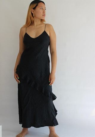 BLACK STRIPPED LONG SILK CAMI RUFFLE DRESS