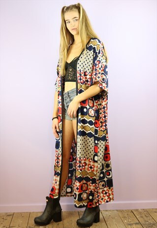 GEO PRINT RED GOLD AND BLUE LONG KIMONO