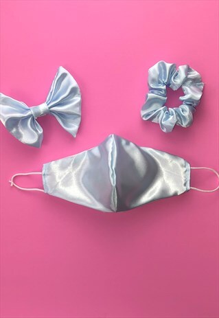 BABY BLUE SATIN FACE COVERING SET WITH SCRUNCHIE OR HAIR BOW
