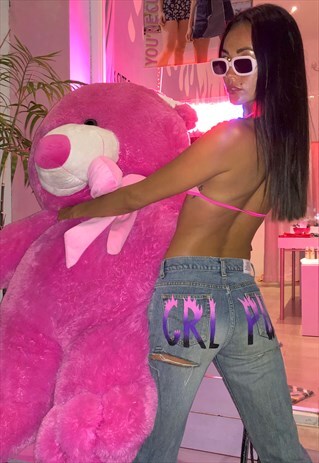 CUTE MISTAKE MOM JEANS LIGHT BLUE W/ PINK FLAME GIRL POWER
