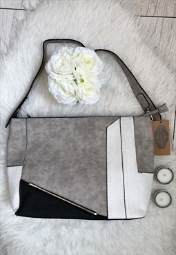 Grey Mock Croc Panel Contrast Shoulder Bag