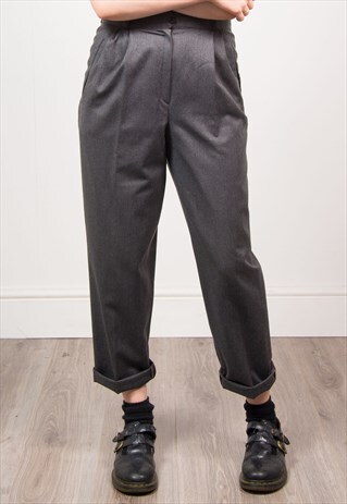 VINTAGE 90'S DARK GREY HIGH WAIST TAPERED TROUSERS