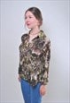 ABSTRACT PRINT VINTAGE RIBBED BLOUSE, RETRO MULTICOLOR SHIRT