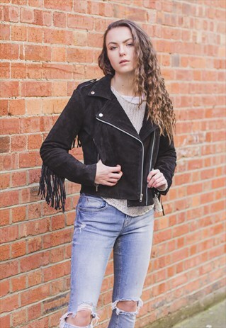 BLACK SUEDE FRINGE BIKER JACKET