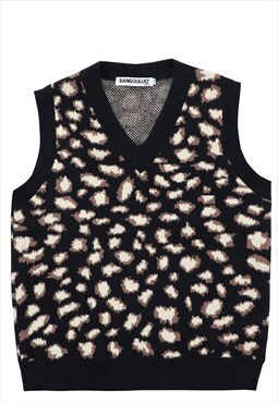 Leopard print sleeveless sweater cheetah cardigan in black