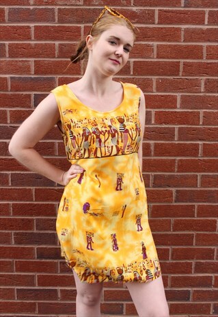 VINTAGE 80'S MINI DRESS YELLOW TIE DYE EGYPTIAN CAMI