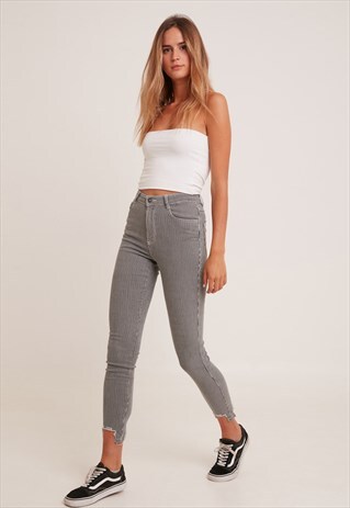 SUBDUED PINSTRIPES ASYMMETRIC SKINNY JEANS