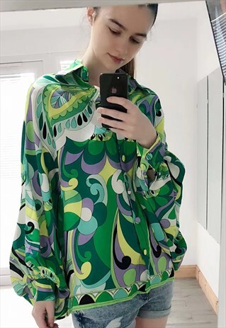 OVERSIZED LONG SLEEVE SHIRT GREEN BLUE PAISLEY SCARF PRINT