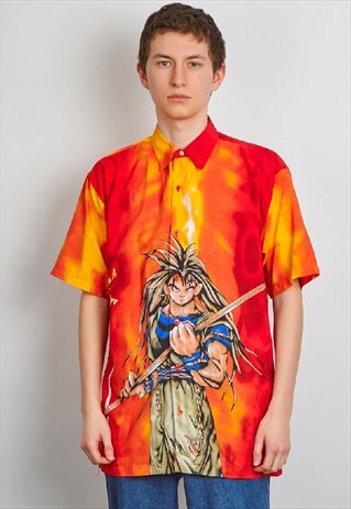 VINTAGE Y2K ANIME FLAME CRAZY PRINT SHIRT