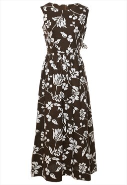 Vintage 1970s Dark Brown & White Floral Maxi Dress - S
