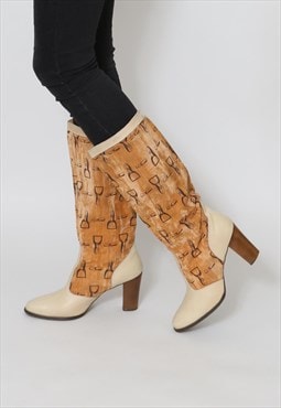 70's Ladies Vintage Cream Beige Fabric Logo Leather Boots