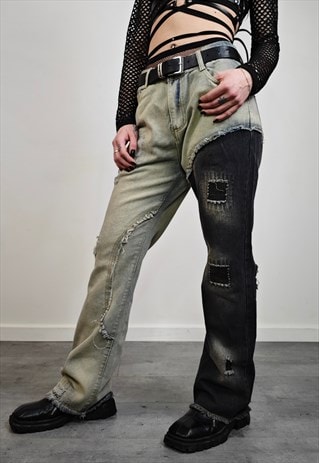 Contrast stitching jeans slim fit ripped bleach denim pants