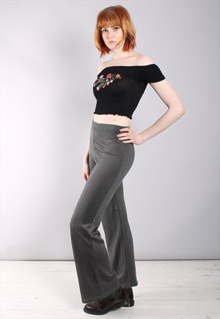 VINTAGE 90S GREY HERRINGBONE STRETCH FLARED TROUSERS