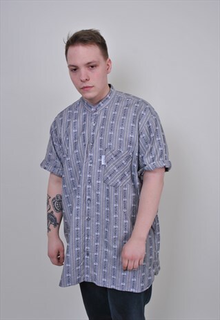 80S GREY FLORAL SHIRT, VINTAGE MENS OVERSIZE SHORT SLEEVE