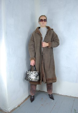 Vintage 90's ski baggy heavy warm leather coat in brown 
