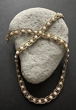 Vintage 70's Gold Metal Woven Necklace Pearl Beads