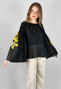 70's Black Kimono Sleeve Sheer Ladies Vintage Blouse