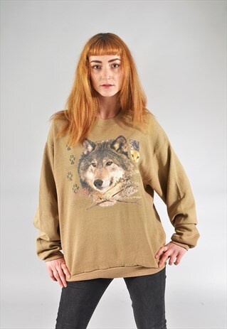 VINTAGE WOLF PRINT BEIGE SWEATER