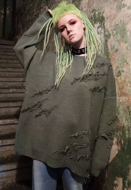 Ripped sweater baggy fluffy top distressed punk jumper green