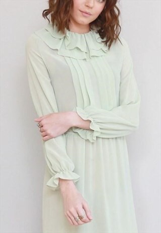 VINTAGE 1970'S PREMIUM MINT GREEN RUFFLED MIDI DRESS