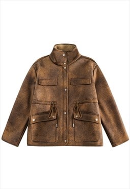 Faux leather waxed coat fleece bomber cargo pocket jacket