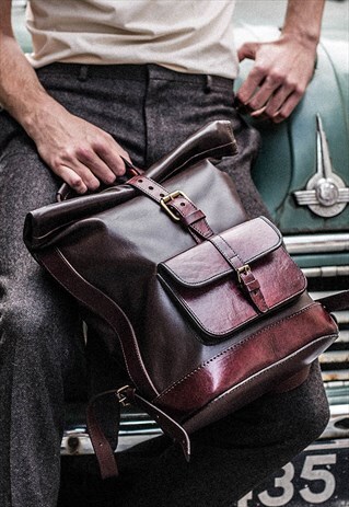 DOMINIC BROWN MEDIUM-QUALITY ROLLTOP LEATHER BACKPACK