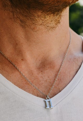 SILVER TONE PI NECKLACE FOR MEN, LINK CHAIN, GREEK LETTER
