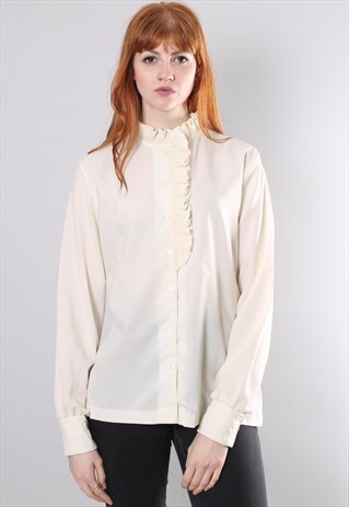 VINTAGE 80S CREAM HIGH NECK RUFFLE BLOUSE