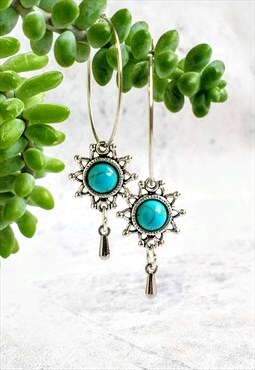 Antique Style Turquoise Dew Drop Hoop Earrings