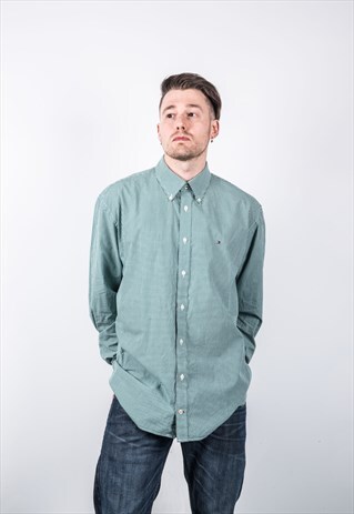 TOMMY HILFIGER VINTAGE 1990S GREEN AND WHITE CHECKED SHIRT
