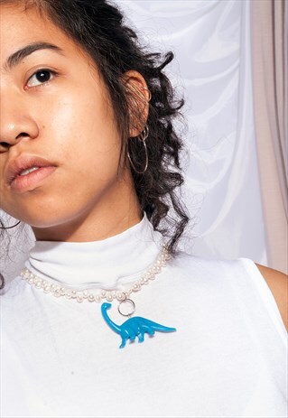 VINTAGE DINOSAUR NECKLACE 90S REWORKED PEARL BEAD NECKLACE