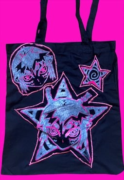 Black cyber neon tote bag pink street wear anime manga 