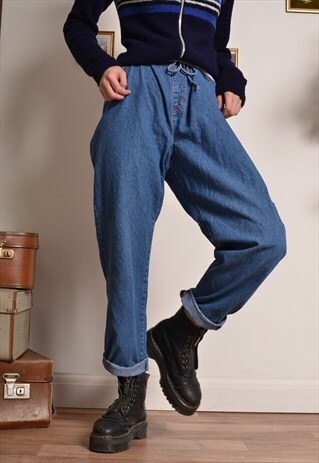 Vintage 90s Elasticated Trousers in Blue Denim | Style of the Salvaged ...