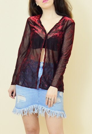VINTAGE 90S RED GLITTER SHEER MESH CARDIGAN