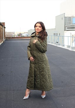 Quilted Single Breasted Longline Hooded Coat (Olive)