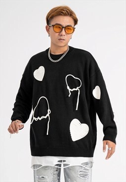 Heart sweater knitted grunge jumper fleece patch top black