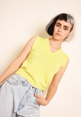 90'S RETRO KITSCH SOFT KNIT FLUFFY TANK TOP IN LIME GREEN